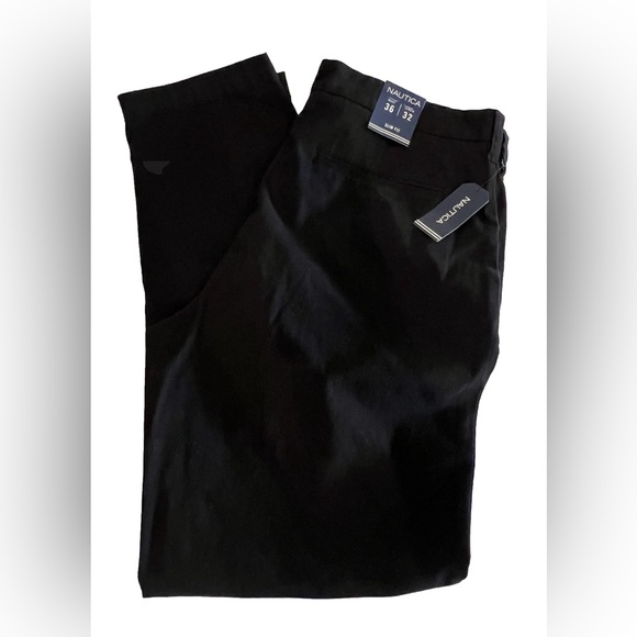 Mens NAUTICA Slim Stretch Fit Plain Front True Black Khaki Pants NWT 36x32 $80 - Picture 1 of 6
